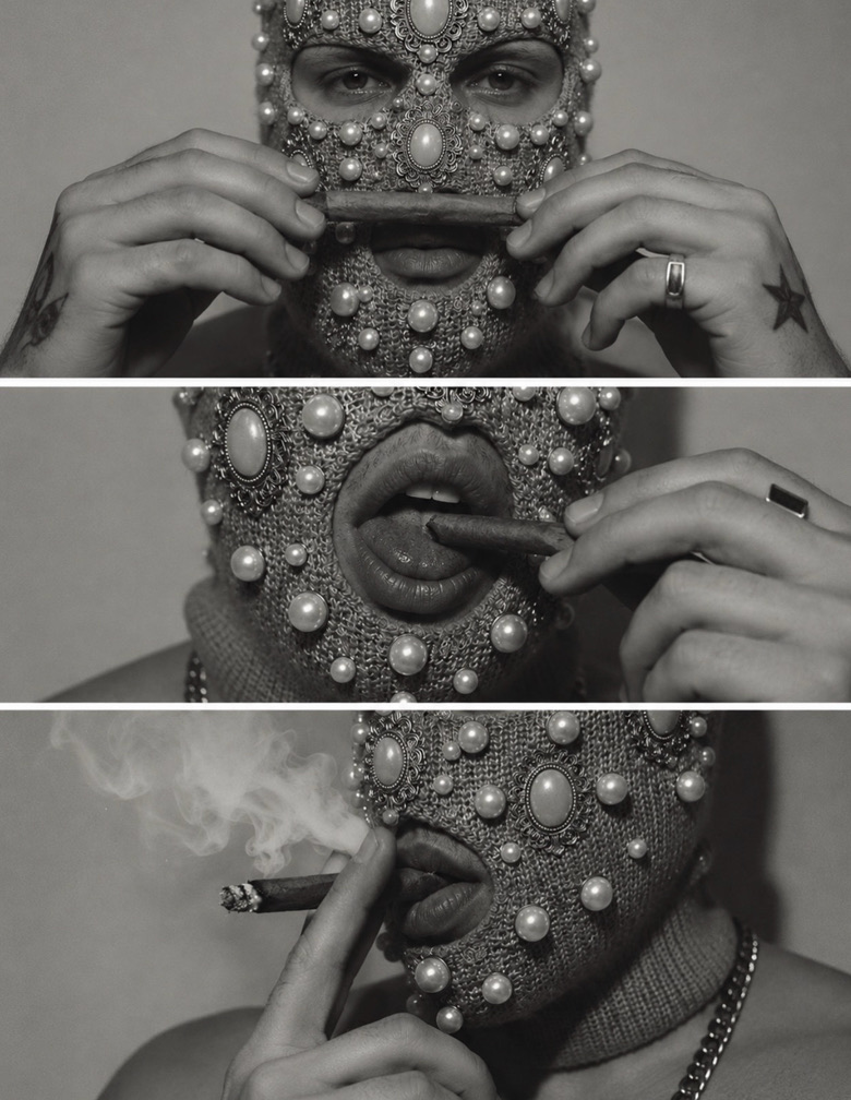 Two-panel portrait wearing a jeweled mask