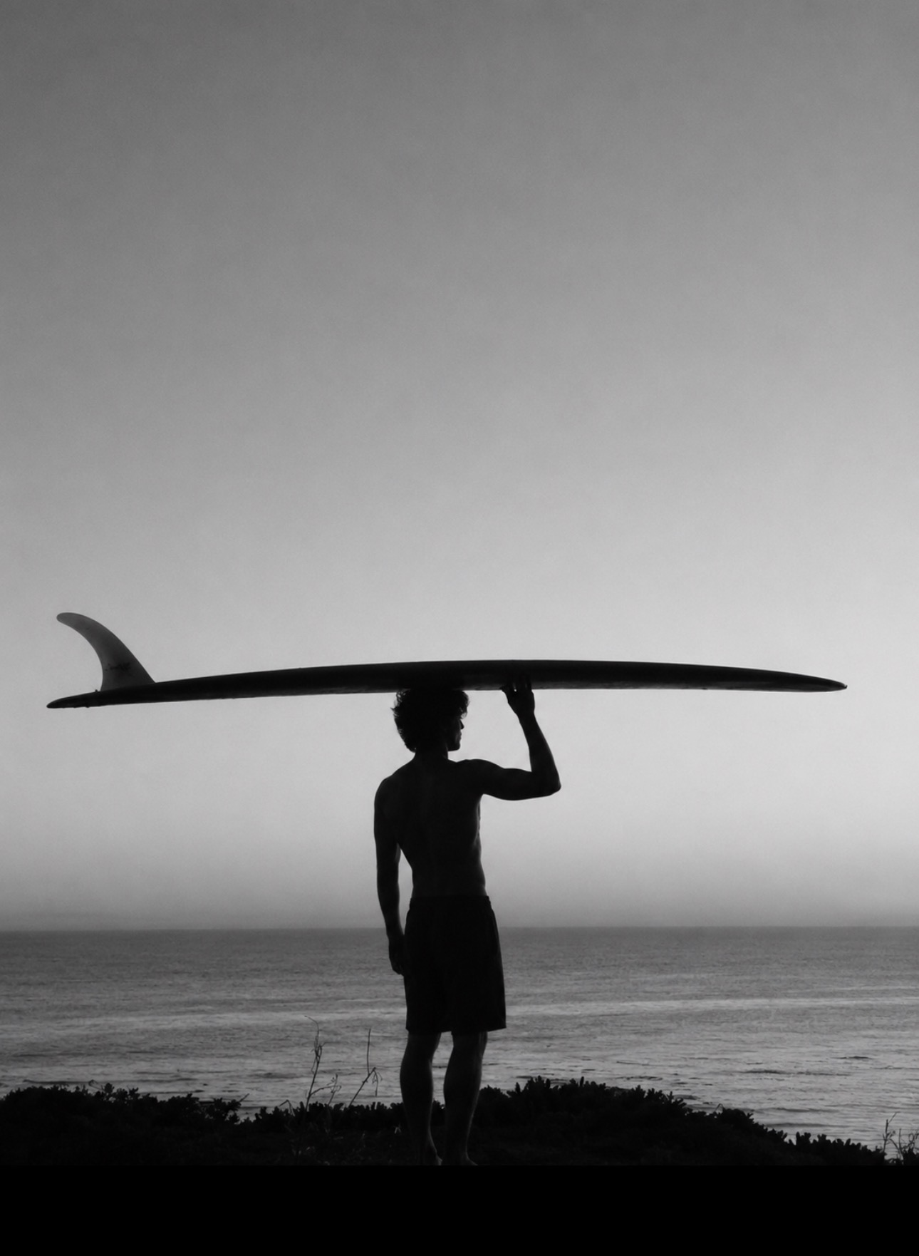 Silhouette of a surfer carrying a longboard above the ocean